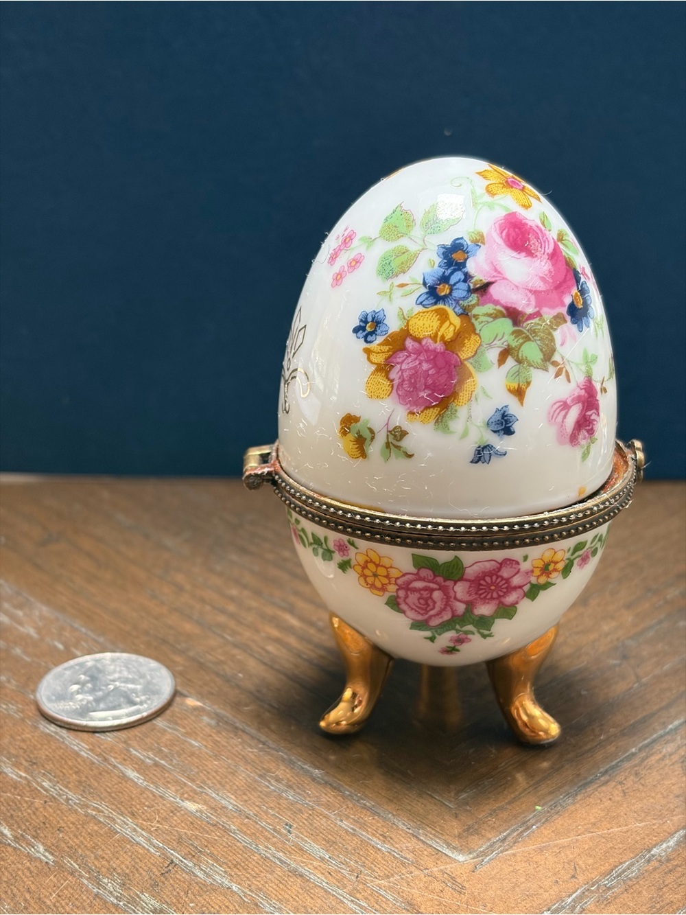 Vintage European Porcelain Egg Trinket Box Floral Hinged Gold Feet